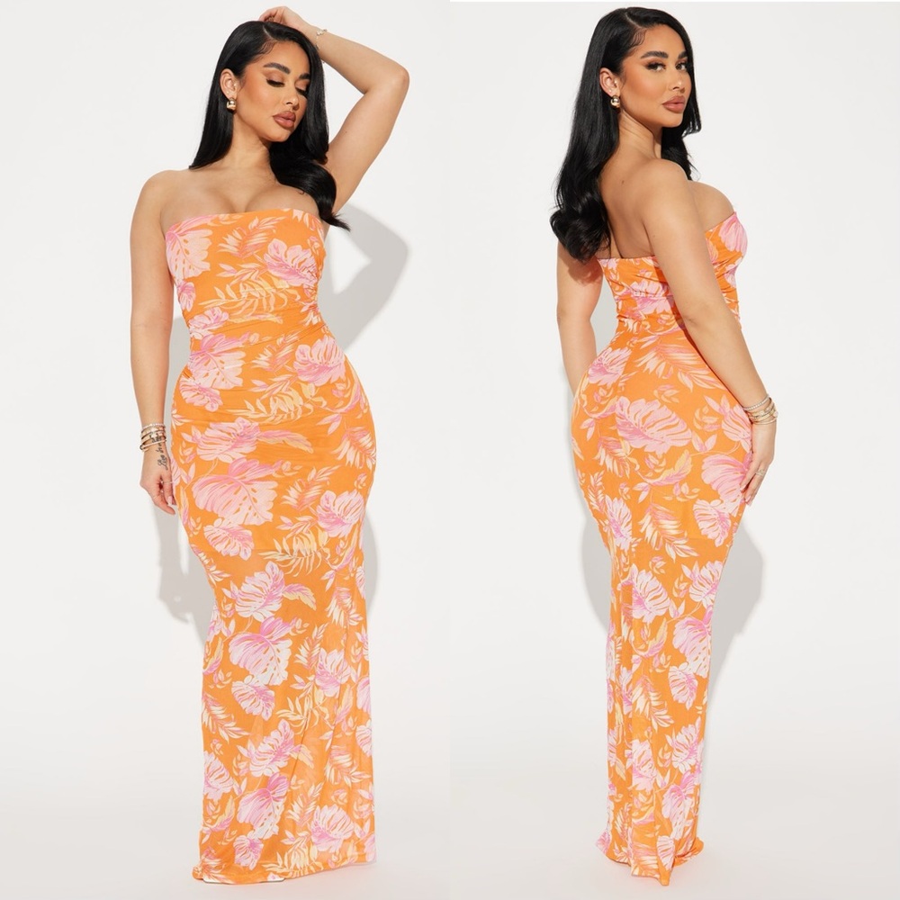 Fashion Nova Orange Floral Mesh Dress